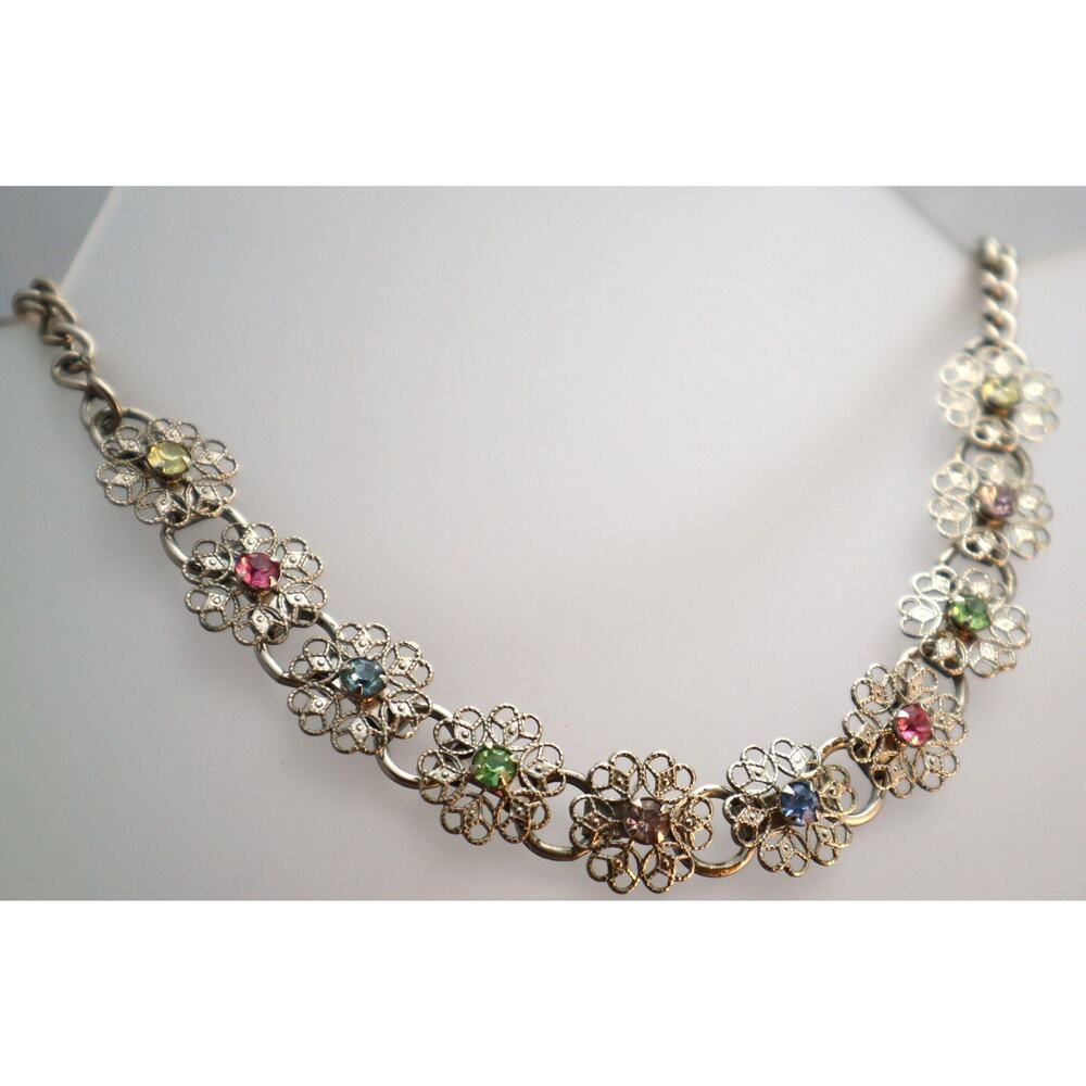 Lacy Rhinestone Flower Necklace Vintage Pastel Choker